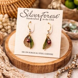 Silver Forest Leaf Earrings Gold Tone Boho Handmade USA